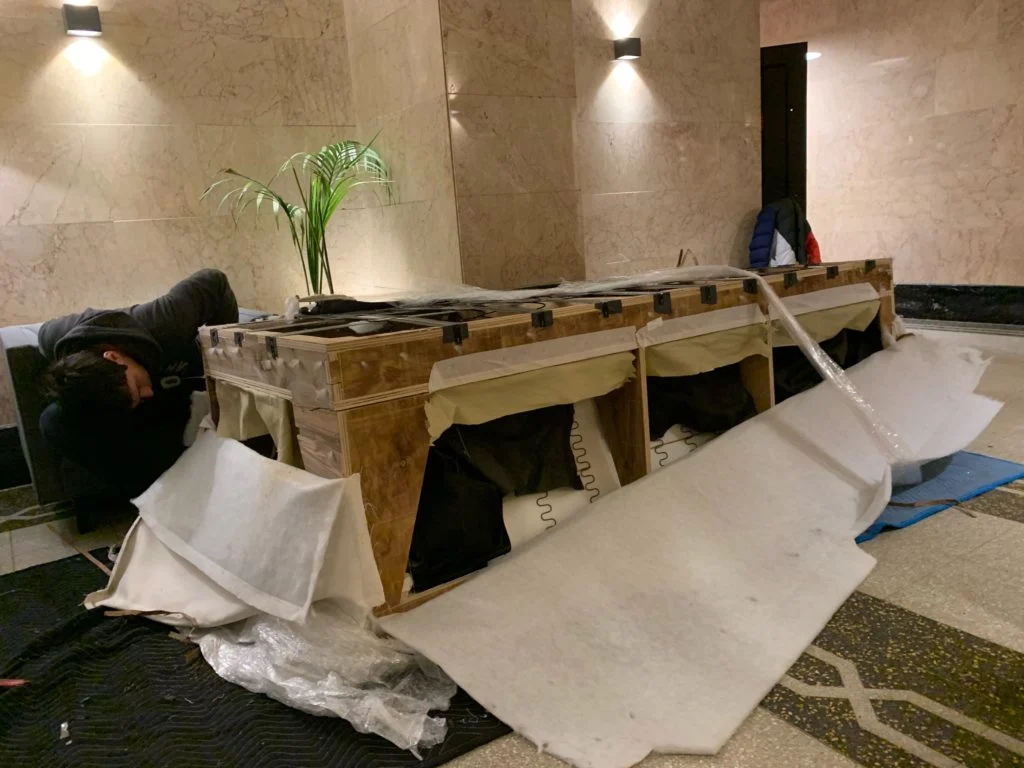 big white sofa disaasembled